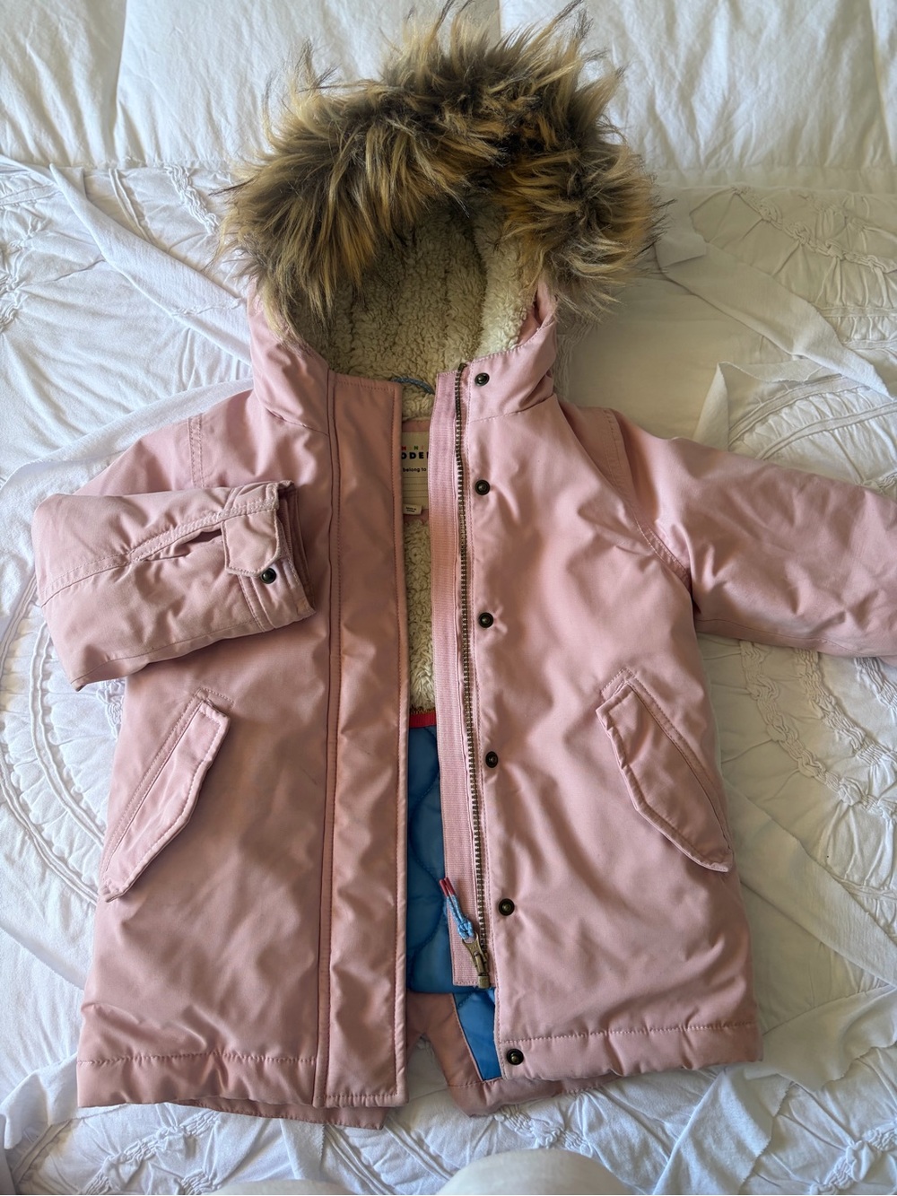 Mini Boden Pale Pink Puffer Coat with Faux Fur Trimmed Hood